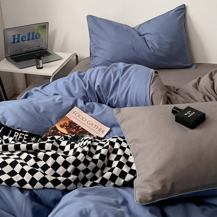 91家纺网 家纺一手货源 找家纺 蓝淋家纺 2023新款双拼水洗棉高级感亲肤四件套/三件套 浅蓝灰浅灰