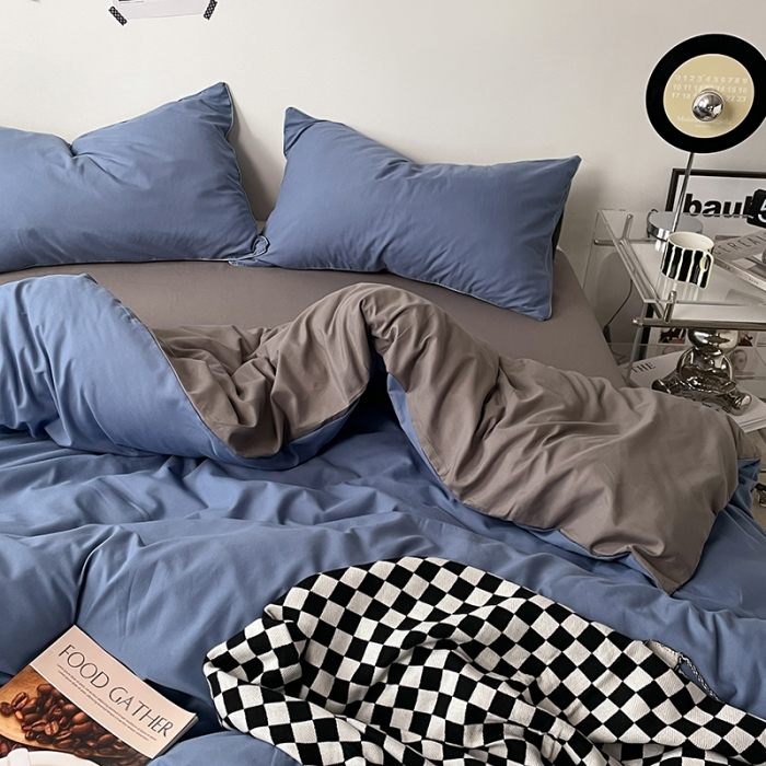 91家纺网 家纺一手货源 找家纺 蓝淋家纺 2023新款双拼水洗棉高级感亲肤四件套/三件套 浅蓝灰浅灰