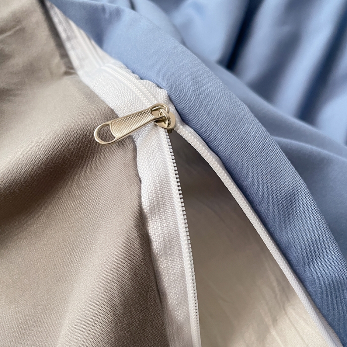 91家纺网 家纺一手货源 找家纺 蓝淋家纺 2023新款双拼水洗棉高级感亲肤四件套/三件套 浅蓝灰浅灰