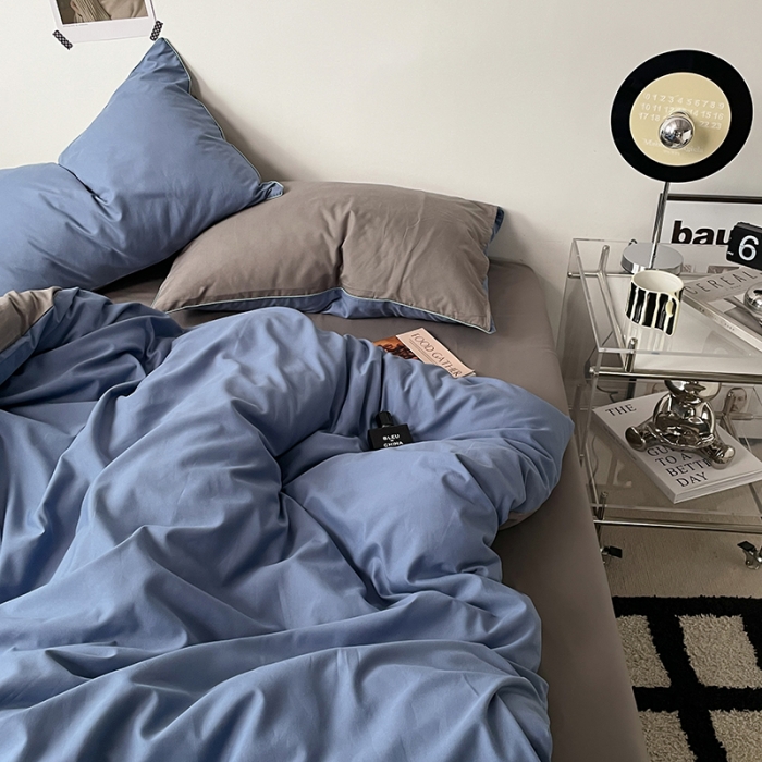 91家纺网 家纺一手货源 找家纺 蓝淋家纺 2023新款双拼水洗棉高级感亲肤四件套/三件套 浅蓝灰浅灰