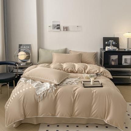 万盛家纺 2025新款全棉纯棉纯色拼色简约四件套 豆沙