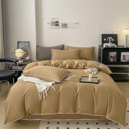 万盛家纺 2025新款全棉纯棉纯色拼色简约四件套 咖