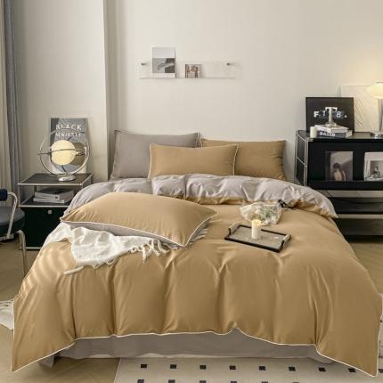 万盛家纺 2025新款全棉纯棉纯色拼色简约四件套 咖-浅灰