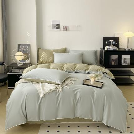 万盛家纺 2025新款全棉纯棉纯色拼色简约四件套 蓝-绿