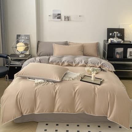 万盛家纺 2025新款全棉纯棉纯色拼色简约四件套 豆沙-浅灰