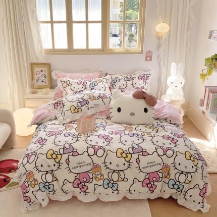 91家纺网 家纺一手货源 找家纺 眠屿 2023新款全棉花边四件套-kt猫 多彩KT