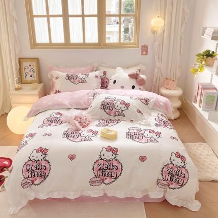 91家纺网 家纺一手货源 找家纺 眠屿 2023新款全棉花边四件套-kt猫 粉格KT