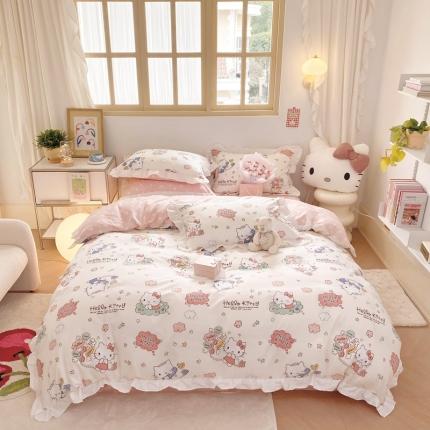 91家纺网 家纺一手货源 找家纺 眠屿 2023新款全棉花边四件套-kt猫 梦想KT