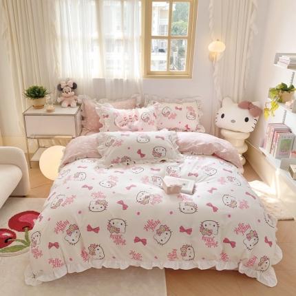 91家纺网 家纺一手货源 找家纺 （总）眠屿 2023新款全棉花边四件套-kt猫