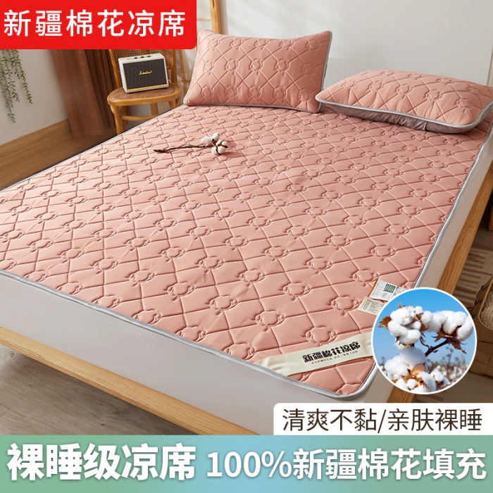 91家纺网 家纺一手货源 找家纺 西域种棉人 新疆棉花凉席冰丝凉感丝平铺款加厚床单款三件套纯色水洗芳豆沙