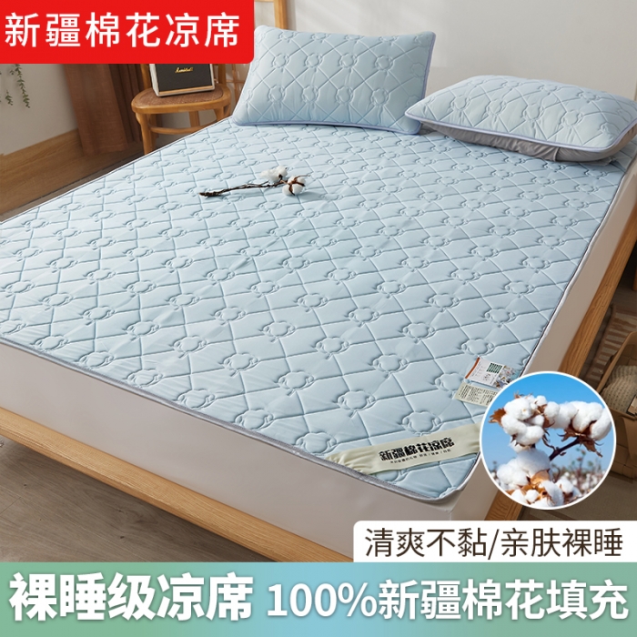 91家纺网 家纺一手货源 找家纺 西域种棉人 新疆棉花凉席冰丝凉感丝平铺款加厚床单款三件套纯色水洗海洋蓝