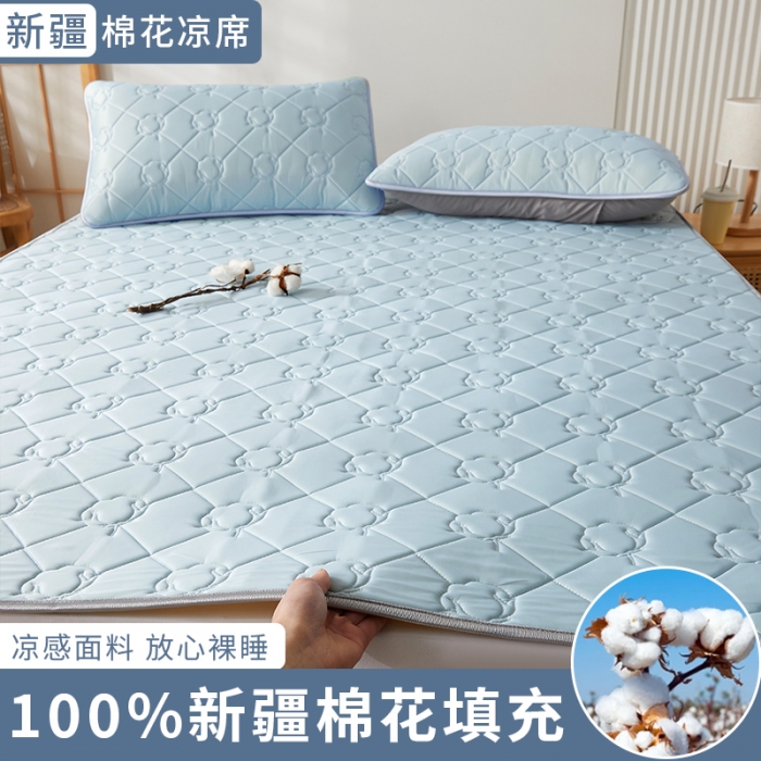 91家纺网 家纺一手货源 找家纺 西域种棉人 新疆棉花凉席冰丝凉感丝平铺款加厚床单款三件套纯色水洗海洋蓝