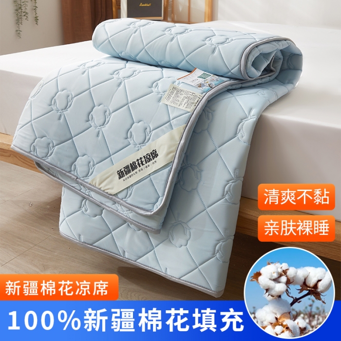 91家纺网 家纺一手货源 找家纺 西域种棉人 新疆棉花凉席冰丝凉感丝平铺款加厚床单款三件套纯色水洗海洋蓝