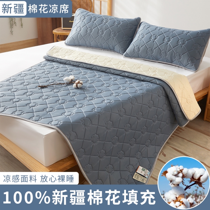 91家纺网 家纺一手货源 找家纺 西域种棉人 新疆棉花凉席冰丝凉感丝平铺款加厚床单款三件套纯色 卡布里蓝