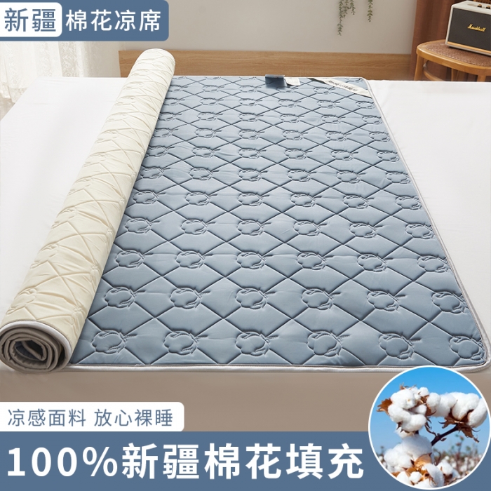 91家纺网 家纺一手货源 找家纺 西域种棉人 新疆棉花凉席冰丝凉感丝平铺款加厚床单款三件套纯色 卡布里蓝