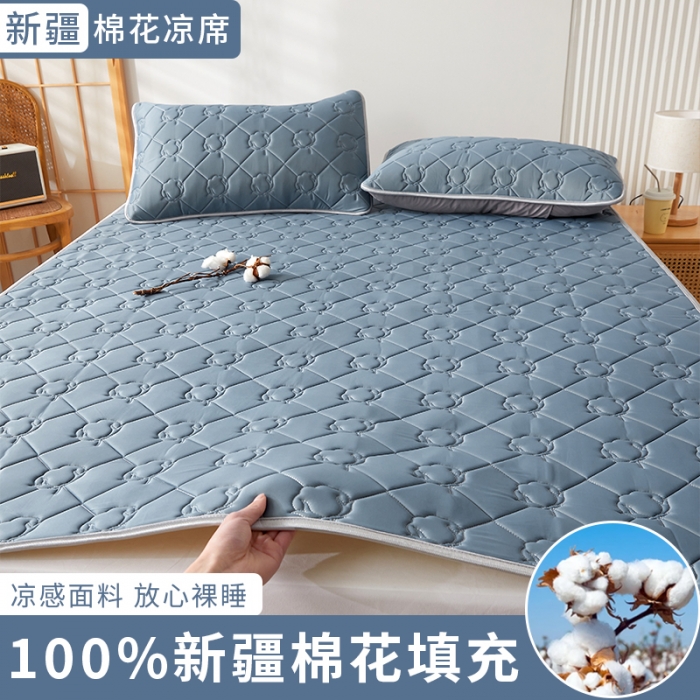 91家纺网 家纺一手货源 找家纺 西域种棉人 新疆棉花凉席冰丝凉感丝平铺款加厚床单款三件套纯色 卡布里蓝