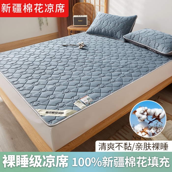 91家纺网 家纺一手货源 找家纺 西域种棉人 新疆棉花凉席冰丝凉感丝平铺款加厚床单款三件套纯色 卡布里蓝