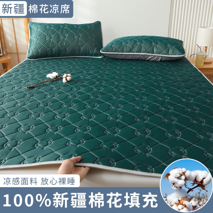 91家纺网 家纺一手货源 找家纺 西域种棉人 新疆棉花凉席冰丝凉感丝平铺款加厚床单款三件套纯色 马尔斯绿