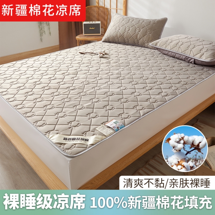 91家纺网 家纺一手货源 找家纺 西域种棉人 新疆棉花凉席冰丝凉感丝平铺款加厚床单款三件套纯色水洗慕斯灰