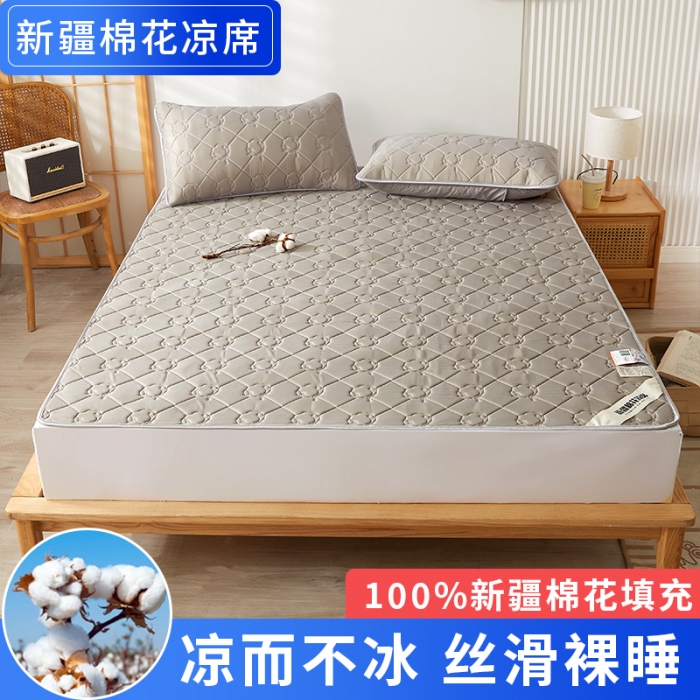 91家纺网 家纺一手货源 找家纺 西域种棉人 新疆棉花凉席冰丝凉感丝平铺款加厚床单款三件套纯色水洗慕斯灰