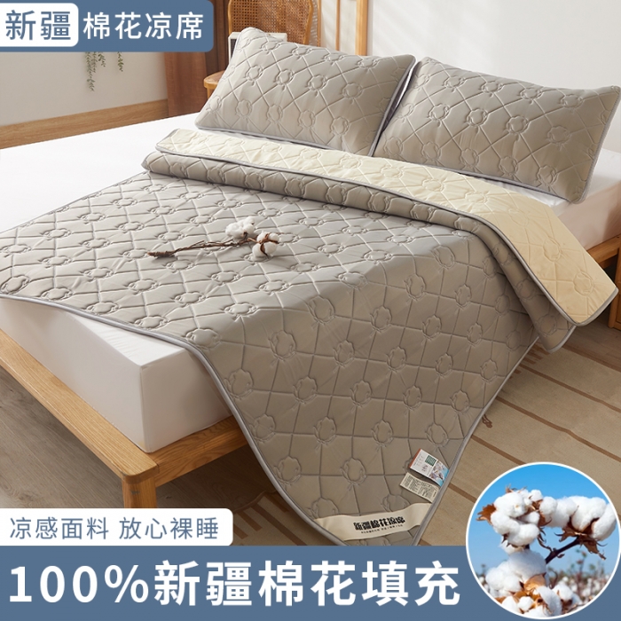 91家纺网 家纺一手货源 找家纺 西域种棉人 新疆棉花凉席冰丝凉感丝平铺款加厚床单款三件套纯色水洗慕斯灰