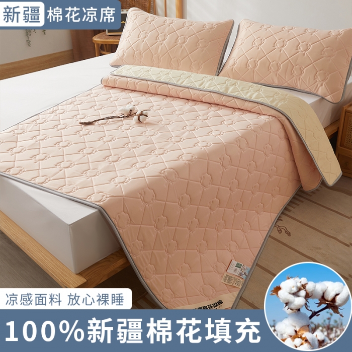 91家纺网 家纺一手货源 找家纺 西域种棉人 新疆棉花凉席冰丝凉感丝平铺款加厚床单款三件套纯色水洗藕荷玉