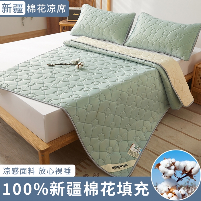 91家纺网 家纺一手货源 找家纺 西域种棉人 新疆棉花凉席冰丝凉感丝平铺款加厚床单款三件套纯色水洗松石绿