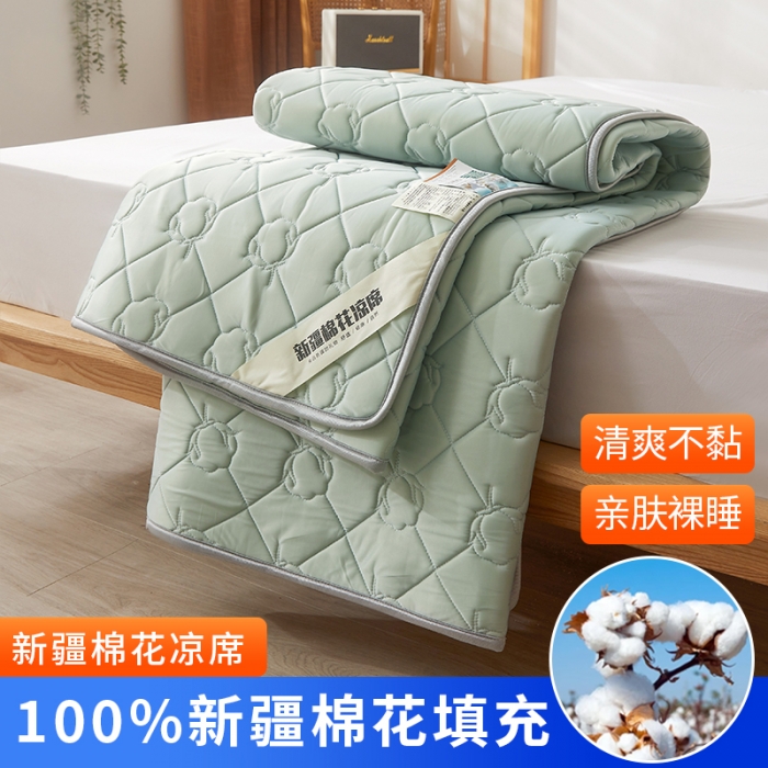 91家纺网 家纺一手货源 找家纺 西域种棉人 新疆棉花凉席冰丝凉感丝平铺款加厚床单款三件套纯色水洗松石绿