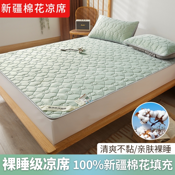 91家纺网 家纺一手货源 找家纺 西域种棉人 新疆棉花凉席冰丝凉感丝平铺款加厚床单款三件套纯色水洗松石绿