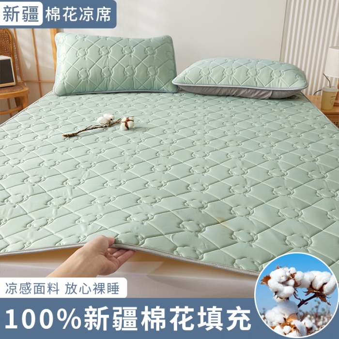 91家纺网 家纺一手货源 找家纺 西域种棉人 新疆棉花凉席冰丝凉感丝平铺款加厚床单款三件套纯色水洗松石绿