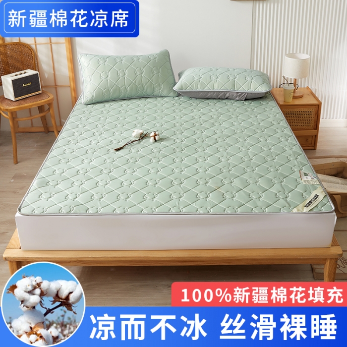 91家纺网 家纺一手货源 找家纺 西域种棉人 新疆棉花凉席冰丝凉感丝平铺款加厚床单款三件套纯色水洗松石绿