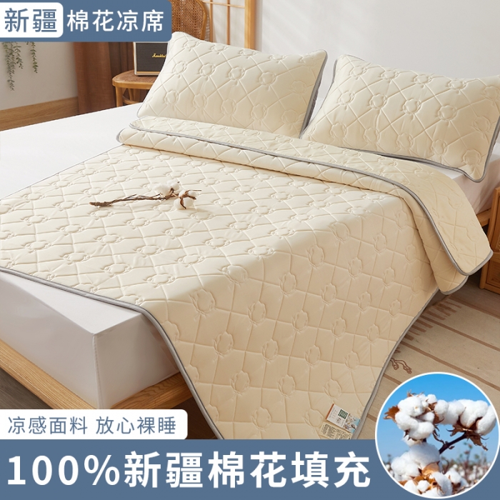 91家纺网 家纺一手货源 找家纺 西域种棉人 新疆棉花凉席冰丝凉感丝平铺款加厚床单款三件套纯色水洗珍珠白