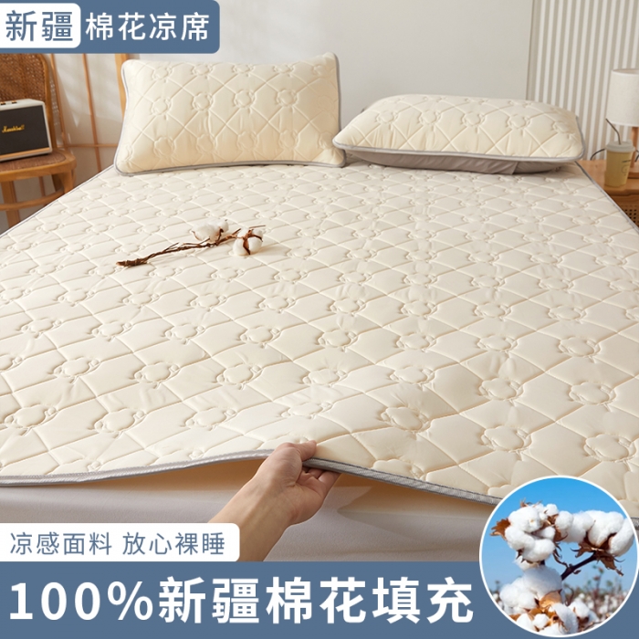 91家纺网 家纺一手货源 找家纺 西域种棉人 新疆棉花凉席冰丝凉感丝平铺款加厚床单款三件套纯色水洗珍珠白