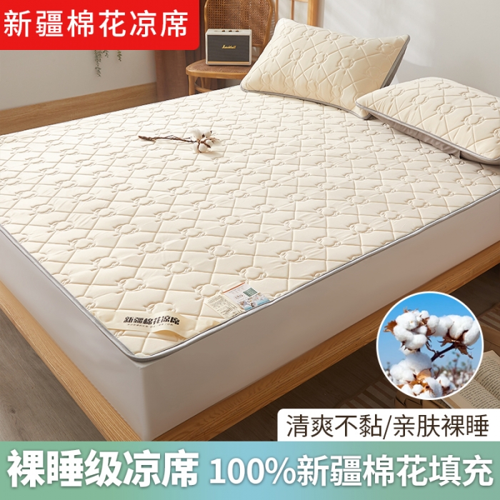 91家纺网 家纺一手货源 找家纺 西域种棉人 新疆棉花凉席冰丝凉感丝平铺款加厚床单款三件套纯色水洗珍珠白