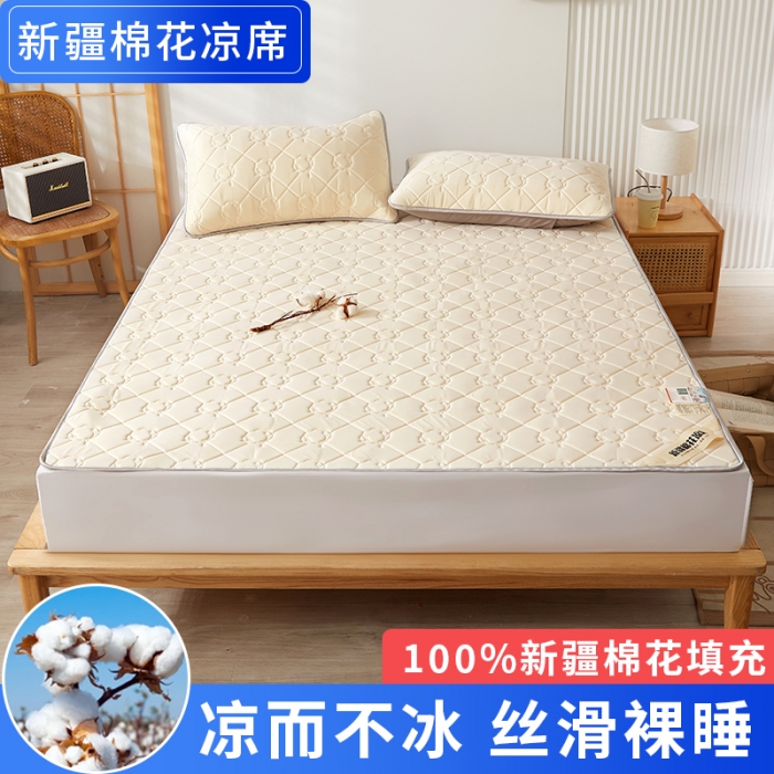 91家纺网 家纺一手货源 找家纺 西域种棉人 新疆棉花凉席冰丝凉感丝平铺款加厚床单款三件套纯色水洗珍珠白