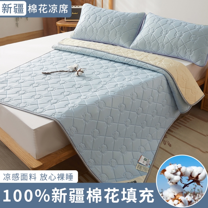 91家纺网 家纺一手货源 找家纺 西域种棉人 新疆棉花凉席冰丝凉感丝平铺款加厚床单款三件套纯色水洗海洋蓝