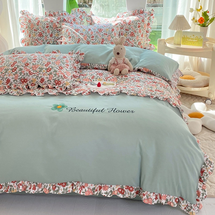 91家纺网 家纺一手货源 找家纺 绒兔兔 2023双层纱印花四件套 春日蜜糖