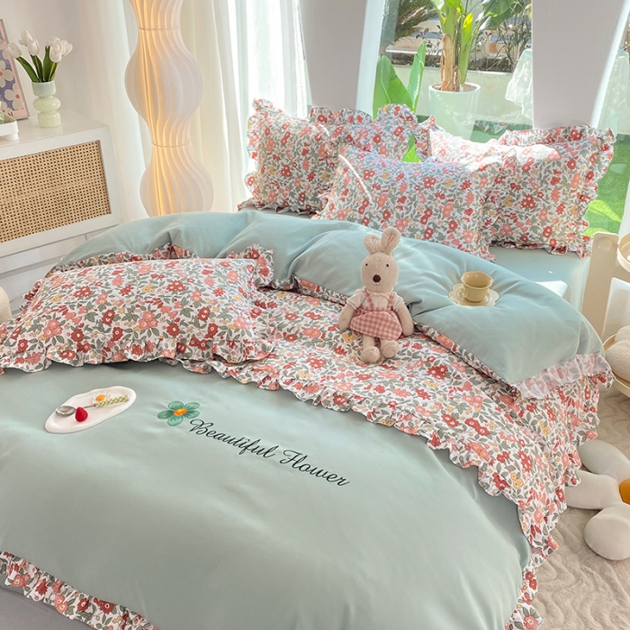 91家纺网 家纺一手货源 找家纺 绒兔兔 2023双层纱印花四件套 春日蜜糖