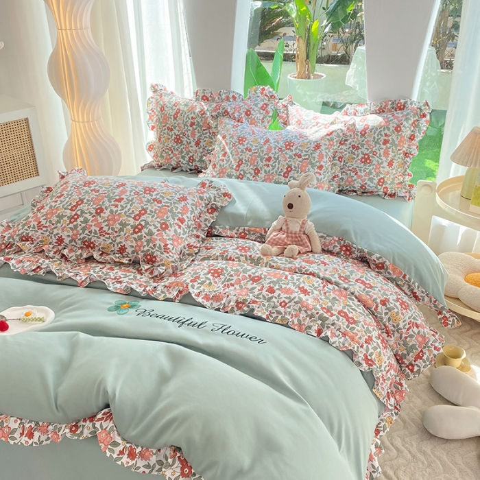 91家纺网 家纺一手货源 找家纺 绒兔兔 2023双层纱印花四件套 春日蜜糖