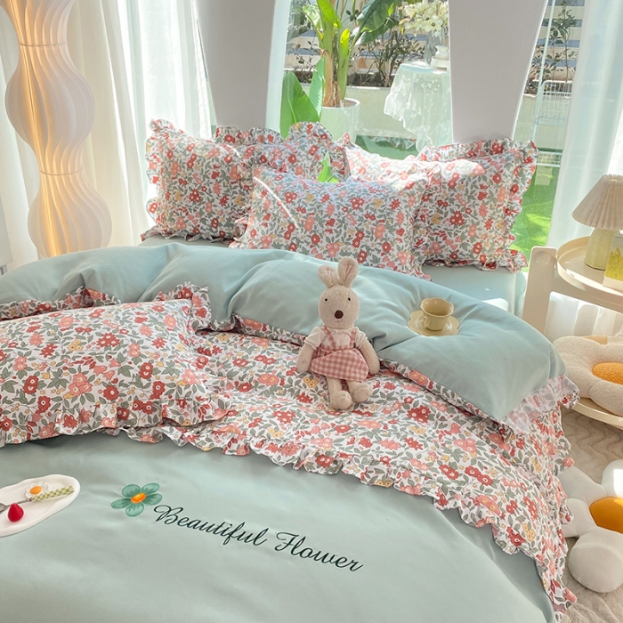 91家纺网 家纺一手货源 找家纺 绒兔兔 2023双层纱印花四件套 春日蜜糖