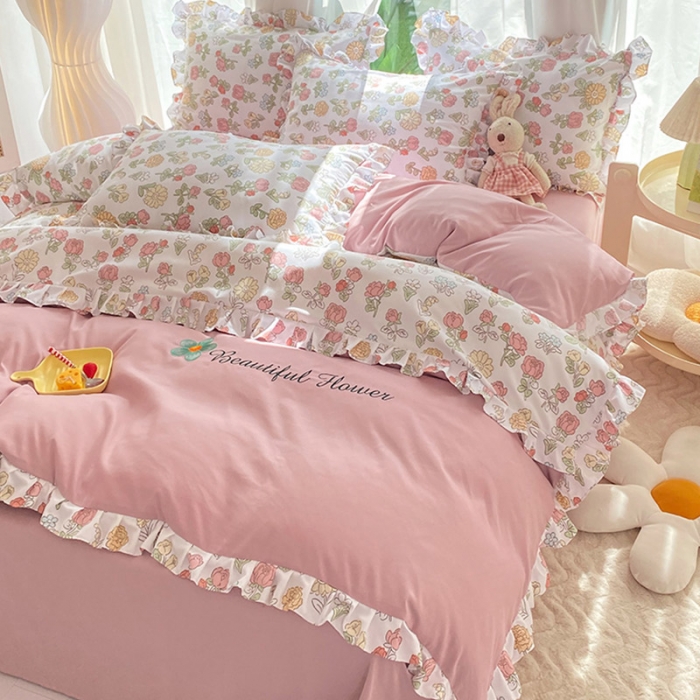 91家纺网 家纺一手货源 找家纺 绒兔兔 2023双层纱印花四件套 唯美