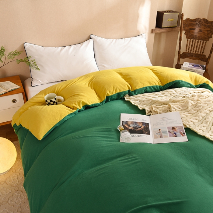 91家纺网 家纺一手货源 找家纺 甜之梦 2025新款针织棉拼色单被套(任何尺寸都可以定制) 草绿+姜黄