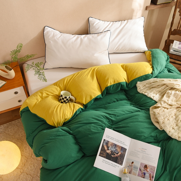 91家纺网 家纺一手货源 找家纺 甜之梦 2025新款针织棉拼色单被套(任何尺寸都可以定制) 草绿+姜黄