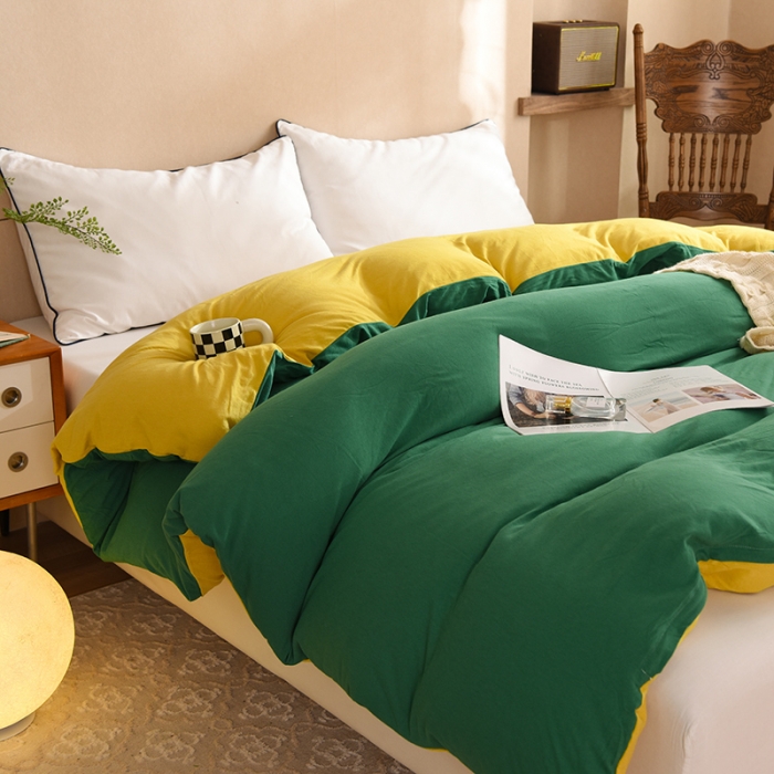 91家纺网 家纺一手货源 找家纺 甜之梦 2025新款针织棉拼色单被套(任何尺寸都可以定制) 草绿+姜黄