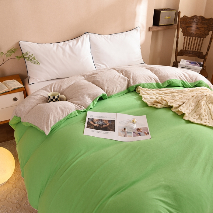 91家纺网 家纺一手货源 找家纺 甜之梦 2025新款针织棉拼色单被套(任何尺寸都可以定制) 果绿+浅咖