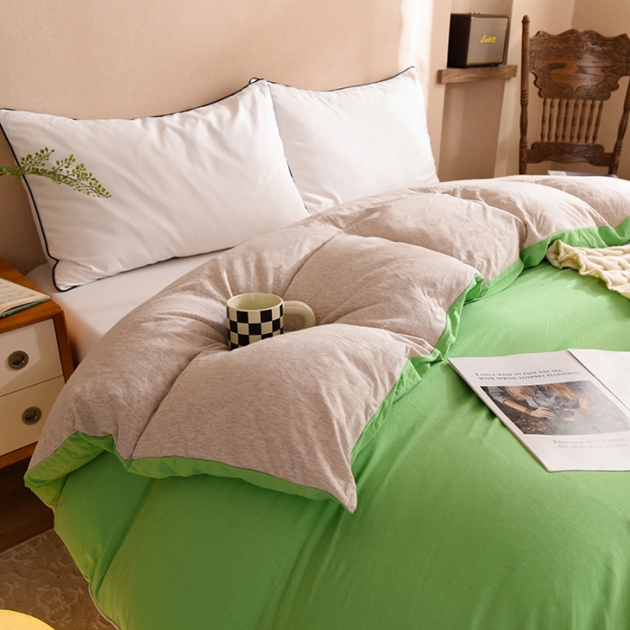 91家纺网 家纺一手货源 找家纺 甜之梦 2025新款针织棉拼色单被套(任何尺寸都可以定制) 果绿+浅咖