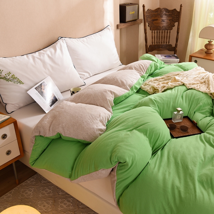 91家纺网 家纺一手货源 找家纺 甜之梦 2025新款针织棉拼色单被套(任何尺寸都可以定制) 果绿+浅咖