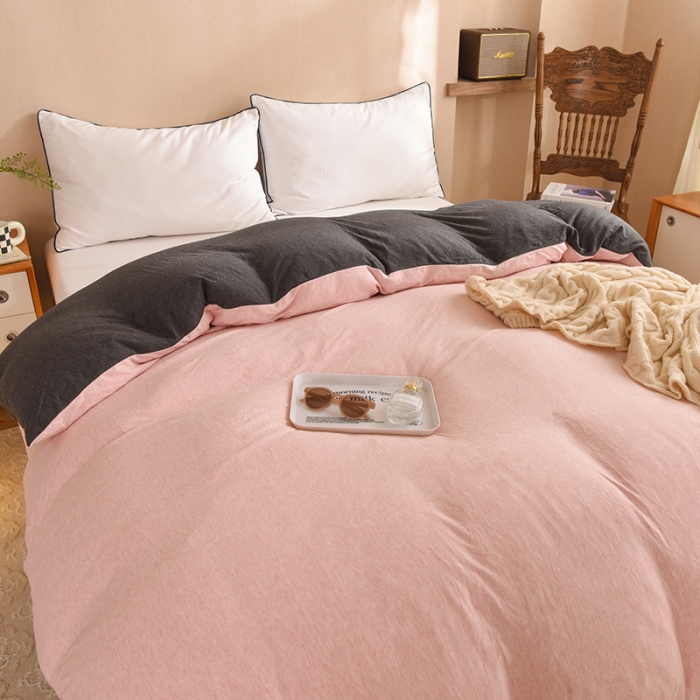 91家纺网 家纺一手货源 找家纺 甜之梦 2025新款针织棉拼色单被套(任何尺寸都可以定制) 浅粉+碳黑