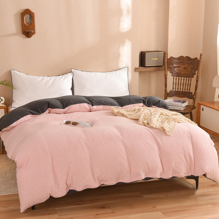 91家纺网 家纺一手货源 找家纺 甜之梦 2025新款针织棉拼色单被套(任何尺寸都可以定制) 浅粉+碳黑