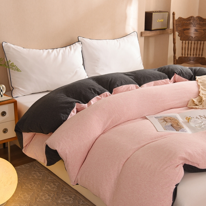 91家纺网 家纺一手货源 找家纺 甜之梦 2025新款针织棉拼色单被套(任何尺寸都可以定制) 浅粉+碳黑